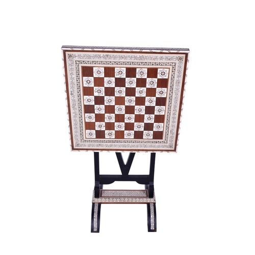 155 - A contemporary Anglo-Indian style chess board on a stand. The board inlaid with mother of pearl and ... 