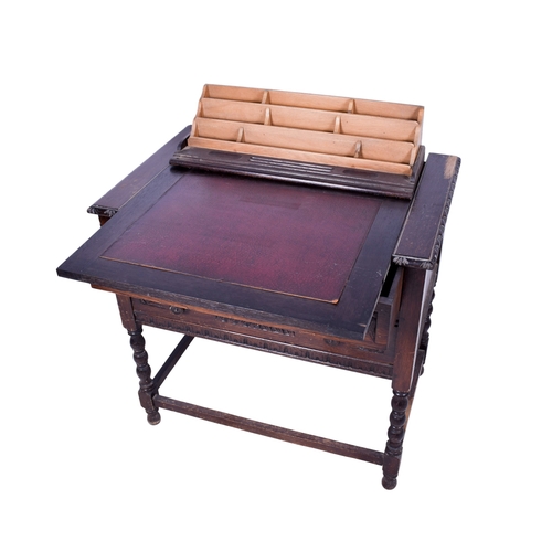 166 - A carved oak writing table. Having two graduated drawers with turned handles, raised on barley twist... 