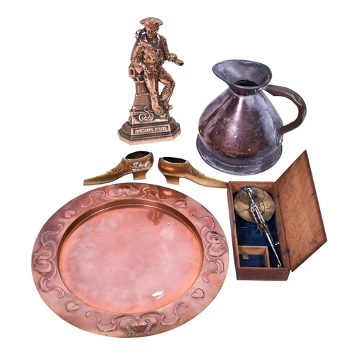 207 - An assortment of brass and copper. Including a circular copper tray with embossed decoration, Diamet... 