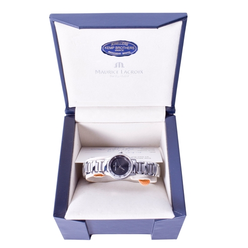 49 - A lady's Maurice Lacroix wristwatch. The black dial surrounded by a stainless steel bezel with Roman... 