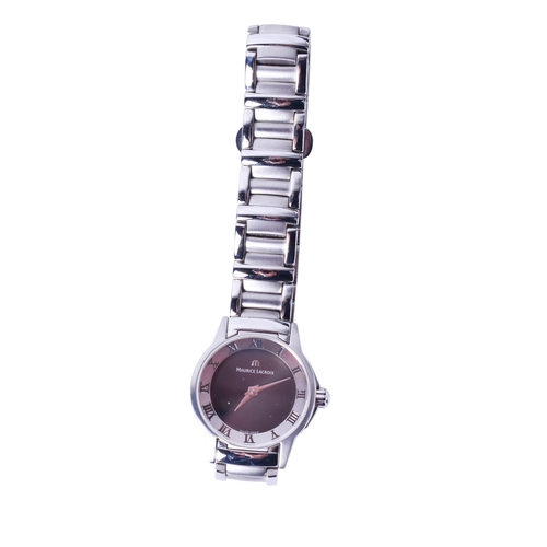 49 - A lady's Maurice Lacroix wristwatch. The black dial surrounded by a stainless steel bezel with Roman... 