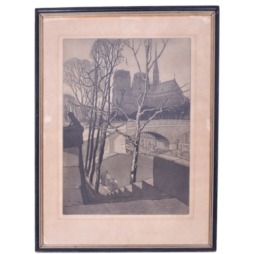 607 - Three assorted prints. Including a 'sunflower' and a signed etching of Notre Dame cathedral, all fra... 