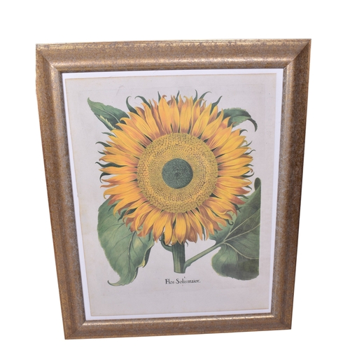 607 - Three assorted prints. Including a 'sunflower' and a signed etching of Notre Dame cathedral, all fra... 