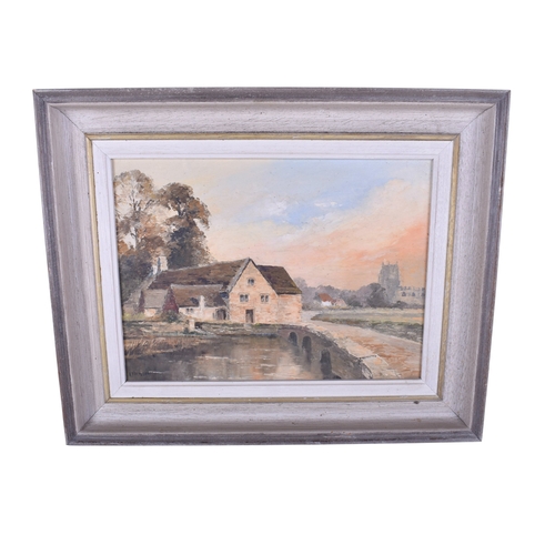 616 - A 20th century oil painting. Signed 'E J Wilson', depicting a cottage beside a river, 16.5cm x 22.5c... 