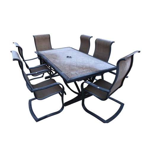 637 - A garden table and set of six chairs. The rectangular metal framed table having a tiled surface, H73... 
