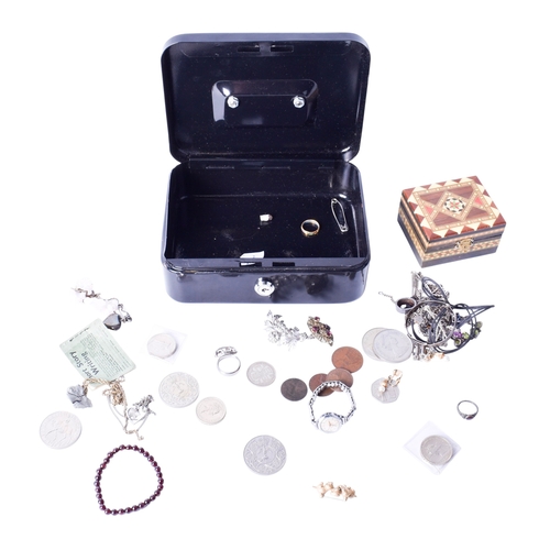 70 - A small group of costume jewellery and coins. Including a little silver, brooches, etc, in a black t... 