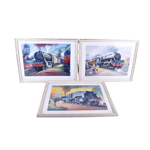 499 - Roland Davies (1904-1993), three railway illustrations. 39cm x 27cm, framed and glazed, 50cm x 37cm