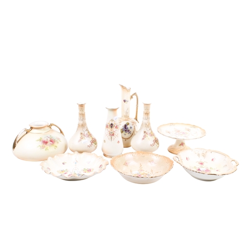 364 - A collection of Victorian Crown Devon blush ivory ceramic items. Including a pair of vases, an ewer,... 