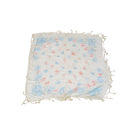 541 - Two early 20th century silk scarves. One painted and embroidered with blue floral decoration and tri... 