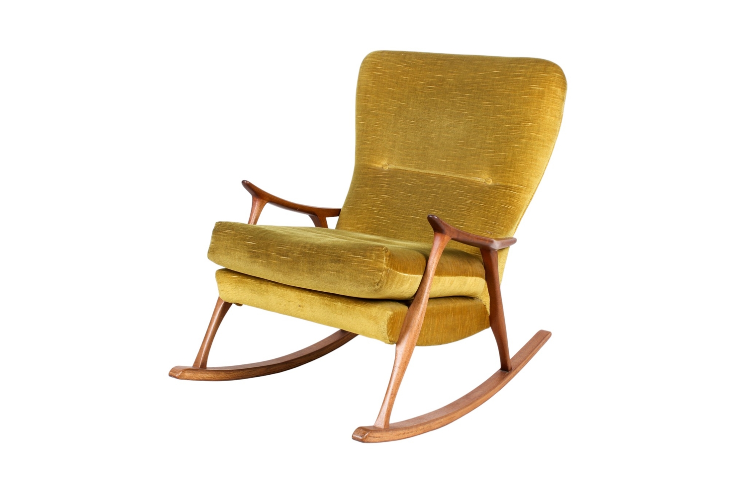 A circa 1962 John M. Haynes open arm rocking chair. Having green button ...