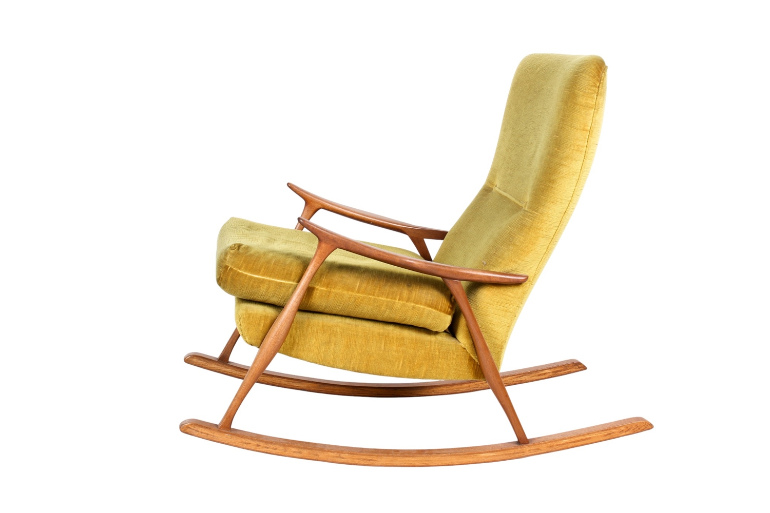 A circa 1962 John M. Haynes open arm rocking chair. Having green button ...