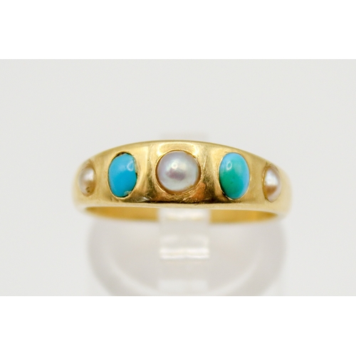115 - A yellow metal, turquoise and half cultured pearl ring. The band of graduated from, the largest cent... 