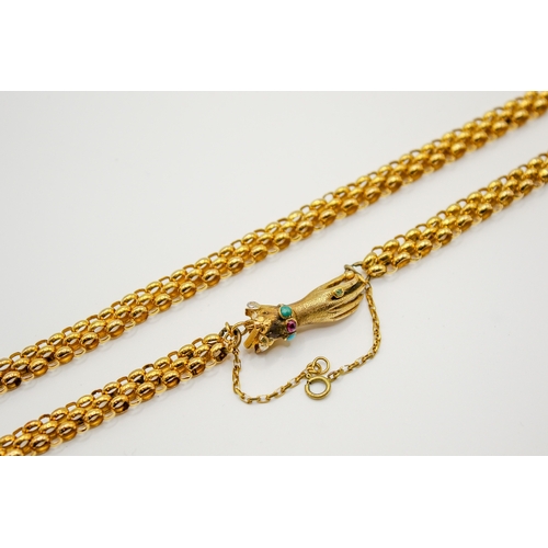136 - A yellow metal necklace with hand form clasp. Of triple cable link form, the clasp in the form of a ... 