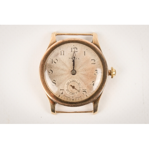 211 - A 1920s 9ct gold Rolex wristwatch, without strap. Black Arabic numerals and subsidiary dial to the e... 