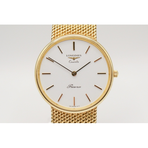 215 - A 9ct gold Longines Presence quartz wristwatch. Model 35002, with gilt markers to the white face, ma... 
