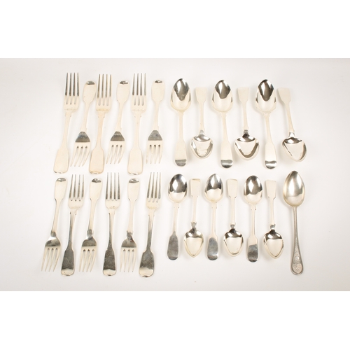 47 - A quantity of 19th century silver flatware. Comprising a part Georgian set of six dessert spoons, si... 