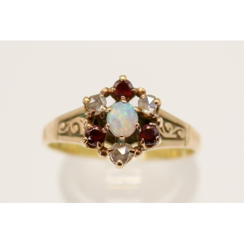 86 - An 18ct gold (tested) dress ring. Set centrally with one oval cabochon cut opal of 0.17 carats with ... 