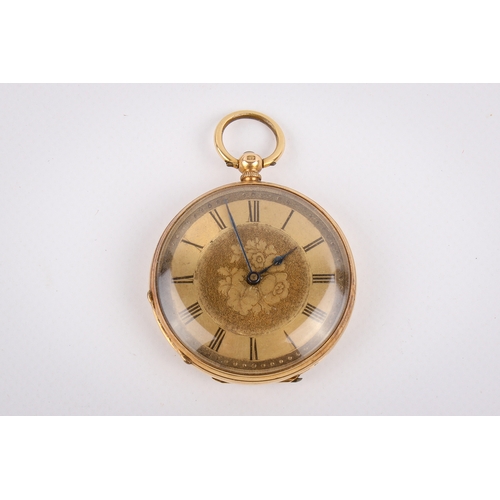 203 - An 18ct gold pocket watch. With black Roman numerals to the flower decorated gilt face, back of the ... 