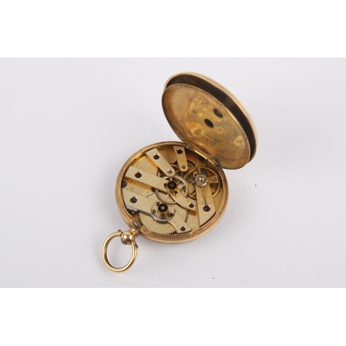 203 - An 18ct gold pocket watch. With black Roman numerals to the flower decorated gilt face, back of the ... 