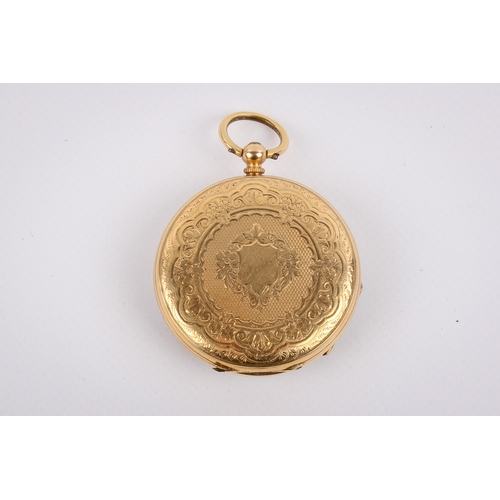 203 - An 18ct gold pocket watch. With black Roman numerals to the flower decorated gilt face, back of the ... 