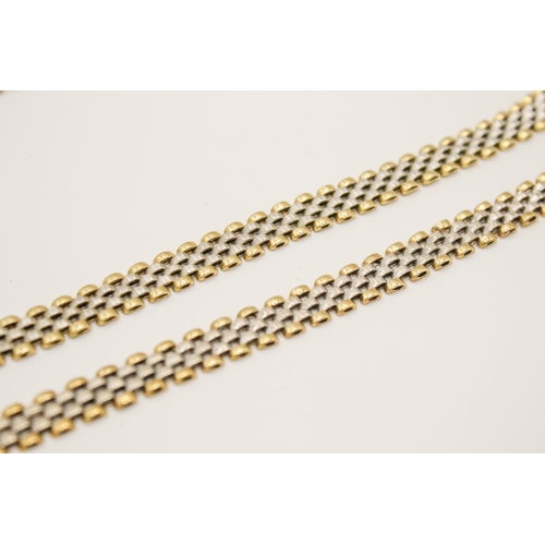 70A - A 9ct gold bicolour matching necklace and bracelet. Four rows of brick set panels, total width 0.8cm... 