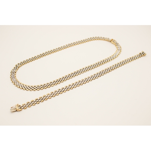 70A - A 9ct gold bicolour matching necklace and bracelet. Four rows of brick set panels, total width 0.8cm... 