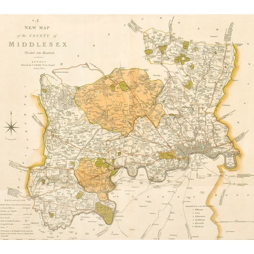 254 - A 19th century hand coloured map of the County of Middlesex. Printed by C. Smith. 52cm x 57cm, frame... 