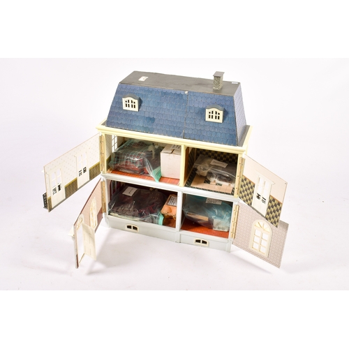 292 - A French style doll's house and contents. H75cm x W67cm x D25cm