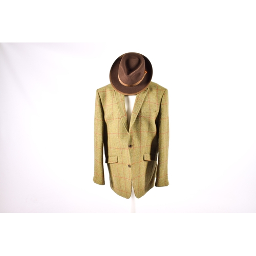 295 - A gentleman's Harris Tweed jacket size 46 long and an 'Attaboy' brown Trilby hat size 7 1/8.