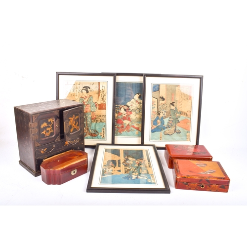 74 - A collection of assorted Japanese items. Including lacquer boxes and prints, etc. Largest H22cm