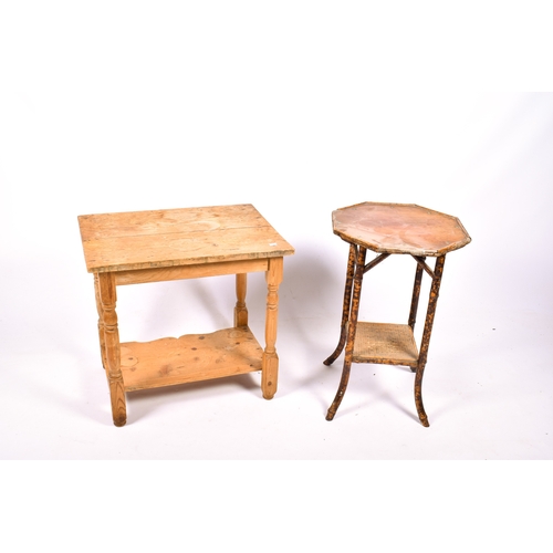 287 - Two small side tables. Including a bamboo table H72cm, and pine table H64cm x W66cm x D47cm