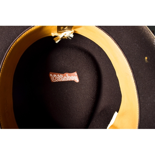 295 - A gentleman's Harris Tweed jacket size 46 long and an 'Attaboy' brown Trilby hat size 7 1/8.