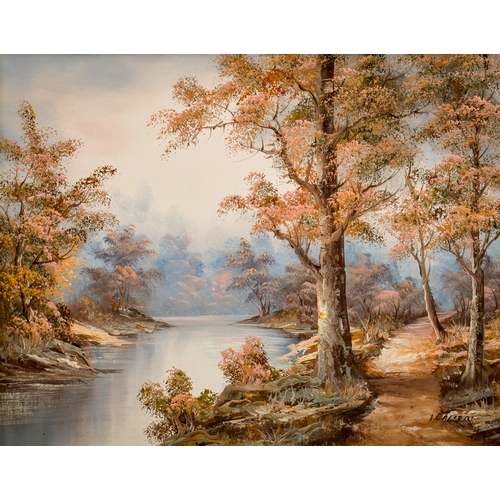 252 - Irene Cafieri (20th century), oil on canvas, woodland river scene. Signed 'I. Cafieri' (lower right)... 