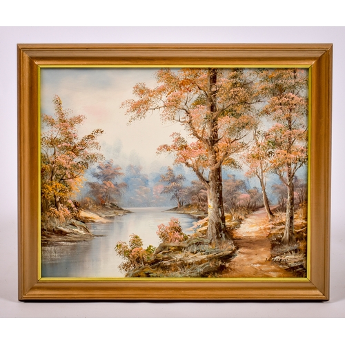 252 - Irene Cafieri (20th century), oil on canvas, woodland river scene. Signed 'I. Cafieri' (lower right)... 