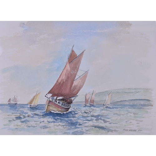 272 - Peter Webster (20th century) watercolour, boats sailing off the coast. Signed and dated '5/90' (lowe... 