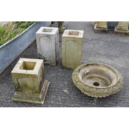728 - Three square reconstituted stone garden pedestals and a shallow basin. The largest plinth H53cm x W2... 