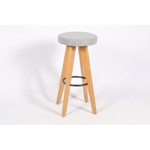 37 - Eight retro style modern bar stools. Upholstered grey seat, sat on angular solid light oak legs with... 