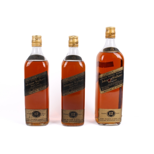 207 - Three vintage 12 years old bottles of Johnnie Walker Black Label whisky. Two 750ml and one 1 litre.