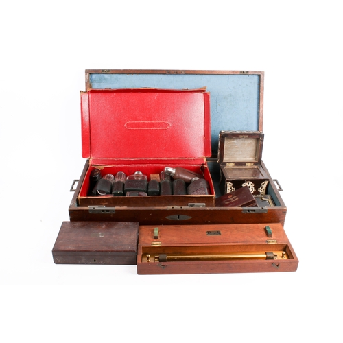 216 - A group of vintage wooden boxes and small leather case. Including a gentleman's toiletry set, rosewo... 