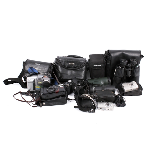 230 - A collection of assorted cameras, monoculars and binoculars. Including Barr & Stroud Sprite 10x50, e... 