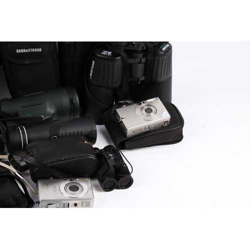 230 - A collection of assorted cameras, monoculars and binoculars. Including Barr & Stroud Sprite 10x50, e... 