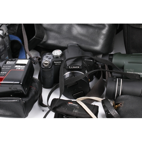 230 - A collection of assorted cameras, monoculars and binoculars. Including Barr & Stroud Sprite 10x50, e... 