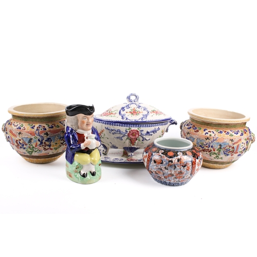 232 - A collection of assorted ceramic items. Including Oriental planters, Dutch Mahonia tureen and a toby... 