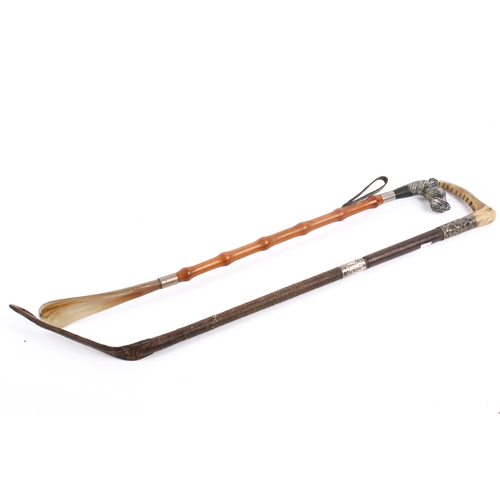 238 - A riding crop with hallmarked silver collars and a horn handle with a shoe horn with carved dog head... 