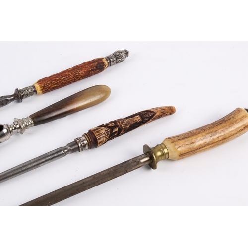 246 - Three assorted vintage horn handled knife sharpening steels. Two have  hallmarked silver collars plu... 