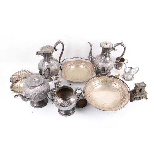 187 - Box of assorted silver plated items. Including a four piece tea set, dishes, etc. Largest H25cm