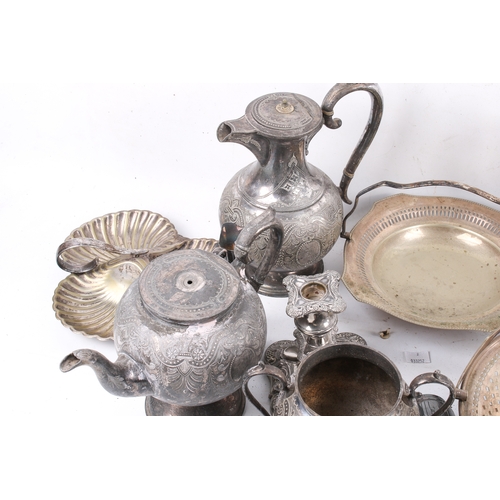187 - Box of assorted silver plated items. Including a four piece tea set, dishes, etc. Largest H25cm