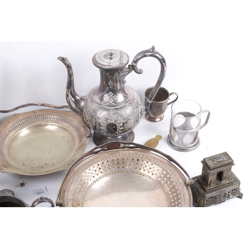 187 - Box of assorted silver plated items. Including a four piece tea set, dishes, etc. Largest H25cm