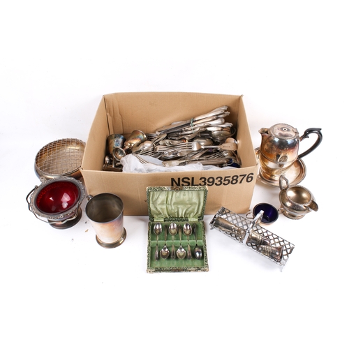 188 - A box of assorted silverplate. Including flatware, a rose bowl and a large mug, etc. Largest H19cm