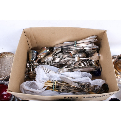 188 - A box of assorted silverplate. Including flatware, a rose bowl and a large mug, etc. Largest H19cm